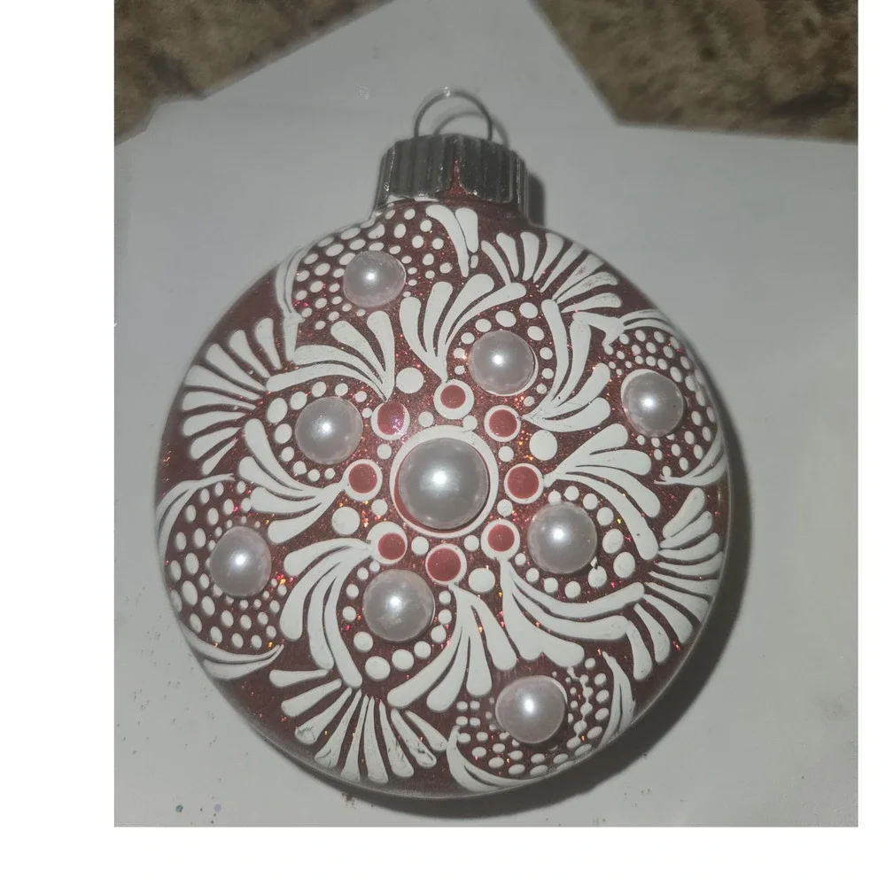 Hand Painted Red Pearl Christmas Ornament Mandala Style 3